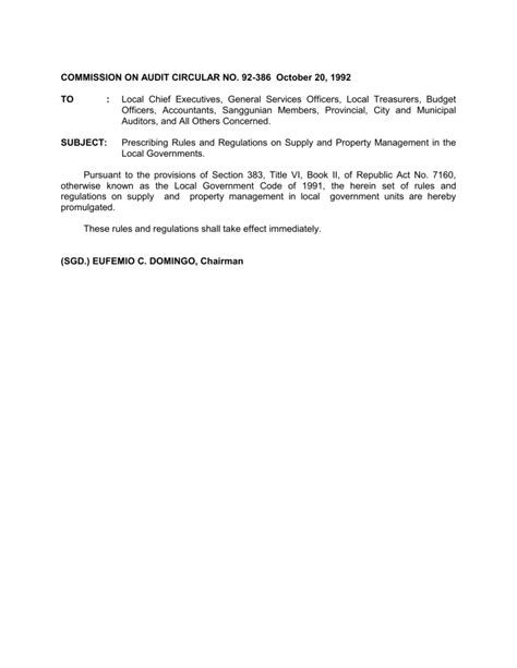 coa circular 92-386|Rules and Regulations on Supply and Property Management in .